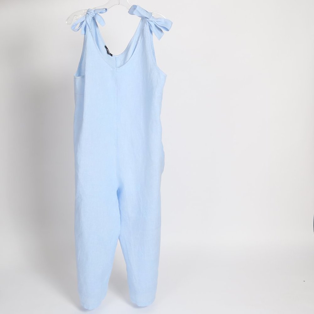 Charlie B Cropped Light Blue Linen Jumpsuit with XL - Picture 1 of 6